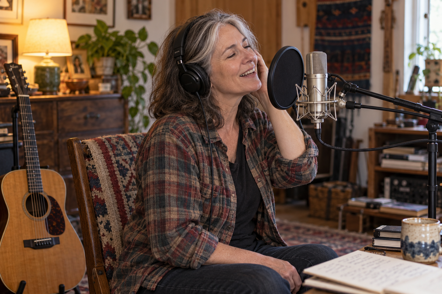 Folk singer recording in her home studio