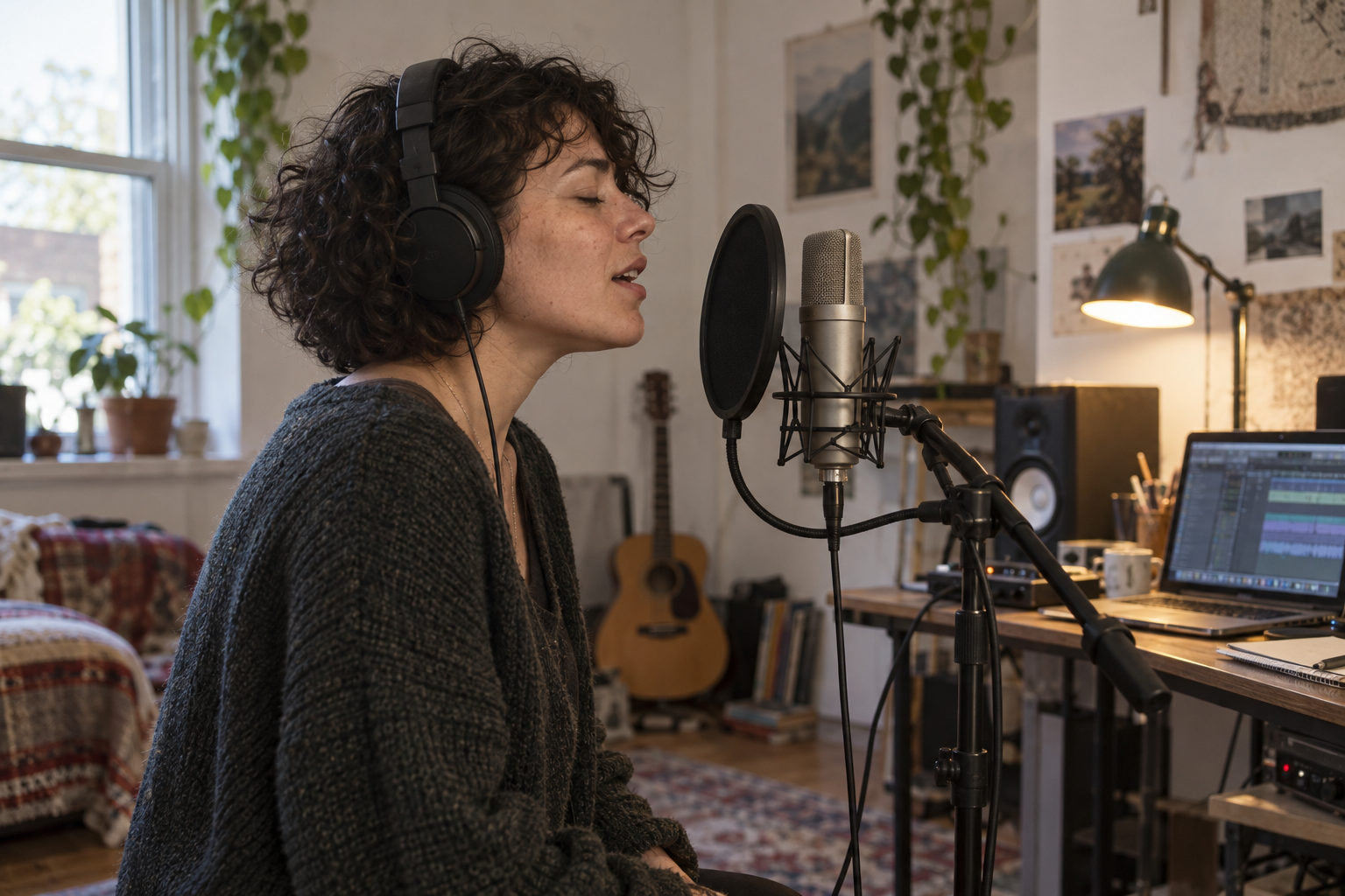 Indie singer-songwriter recording vocals in her home studio