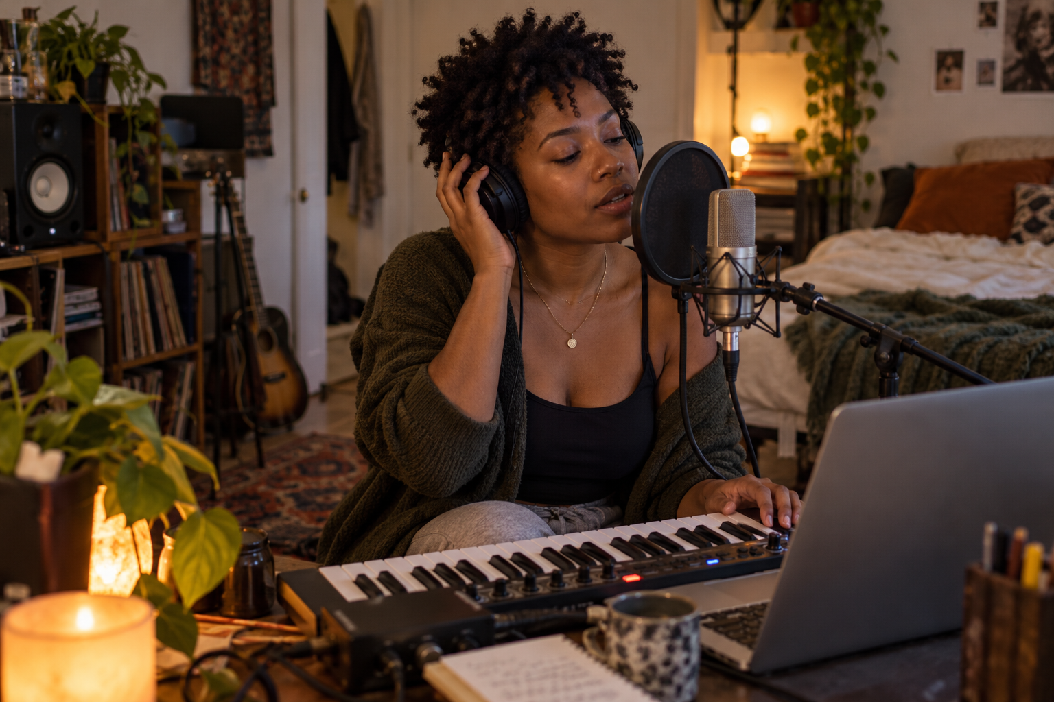 Singer and home producer recording alongside a keyboard and laptop